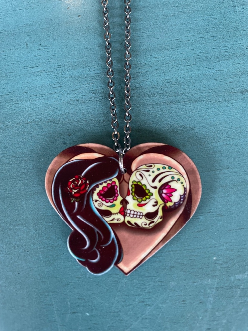 Sugar Skull Couple Heart Pendant Necklace - Pink & Black